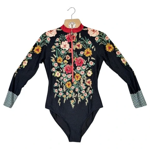Johnny Was Floral Long Sleeve Rash Guard One Piece Swimsuit CSW3122-HX Black 1X - Picture 2 of 6